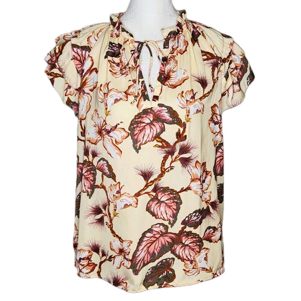 Philosophy Tie Neck Ruffle Sleeve Blouse S Yellow Botanical Print Cottagecore